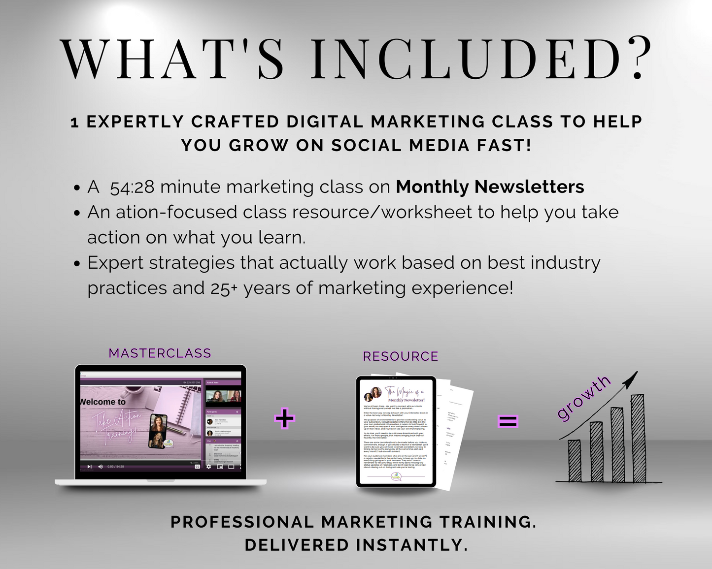 What's included in the Get Socially Inclined Take Action Series - Monthly Newsletters Masterclass digital marketing class?