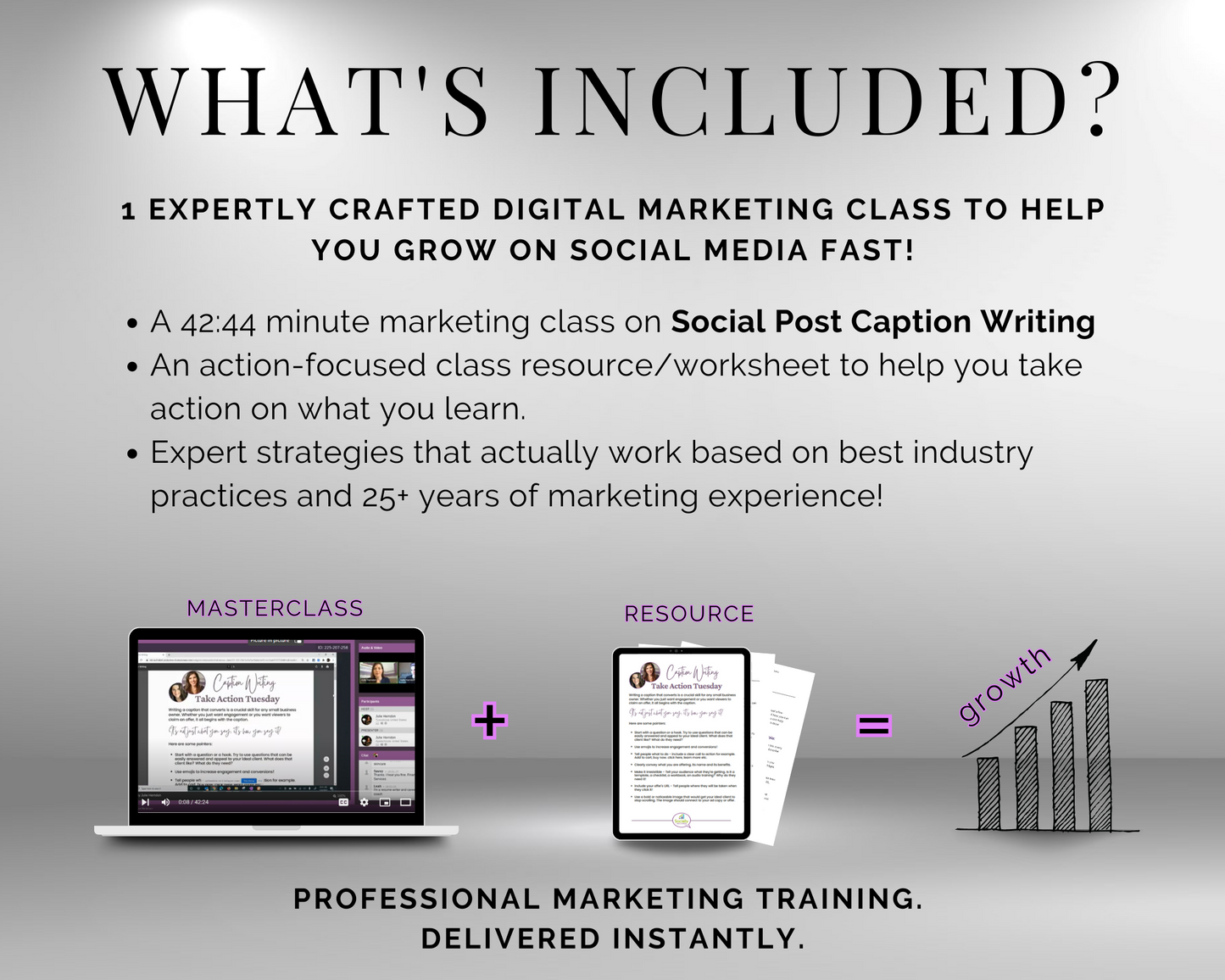 The TAT - Social Post Caption Writing Masterclass by Get Socially Inclined includes a comprehensive overview of essential marketing strategies and techniques.