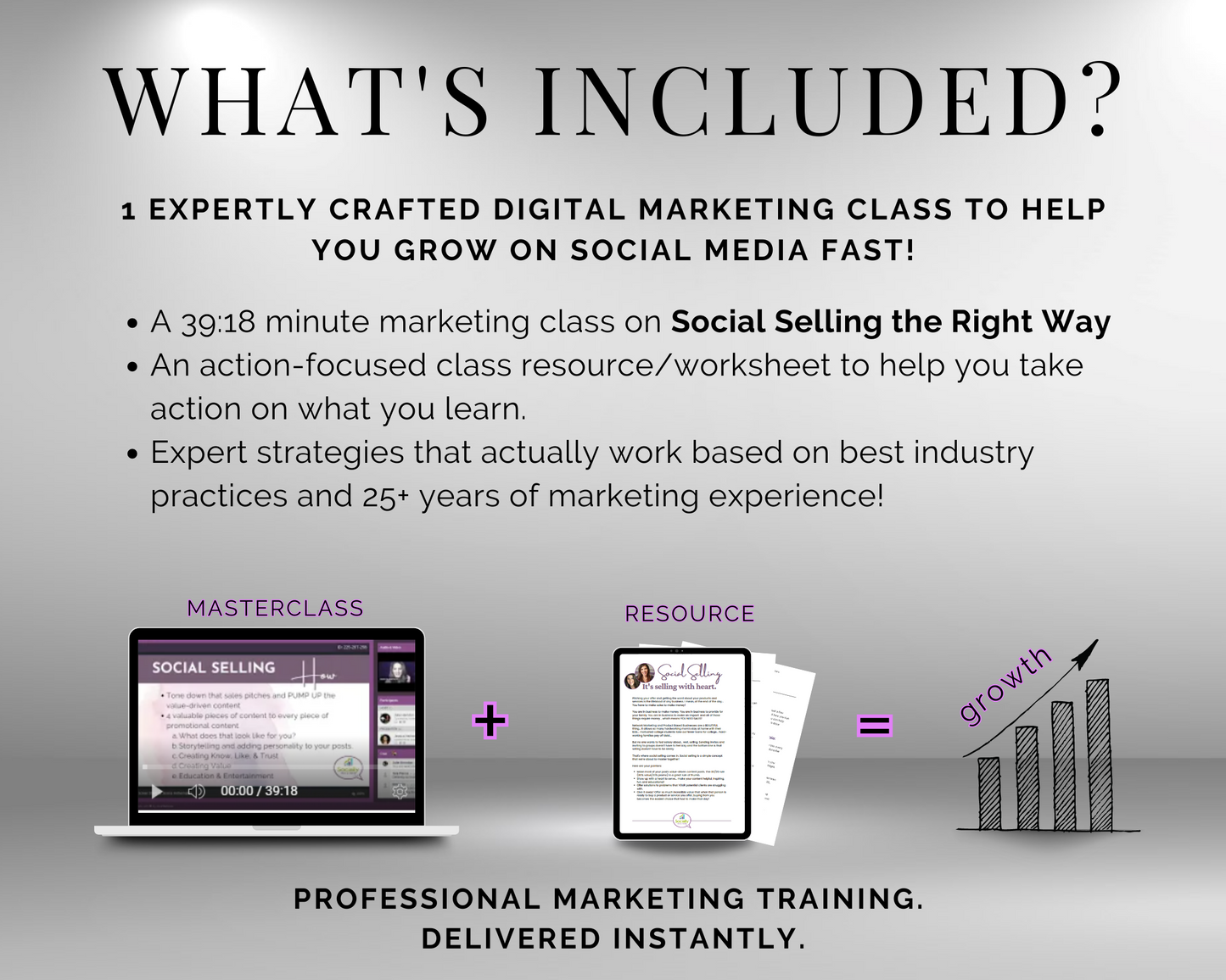 What's included in the digital marketing class? The TAT - Social Selling the Right Way Masterclass description is missing. Please provide the Get Socially Inclined product description.