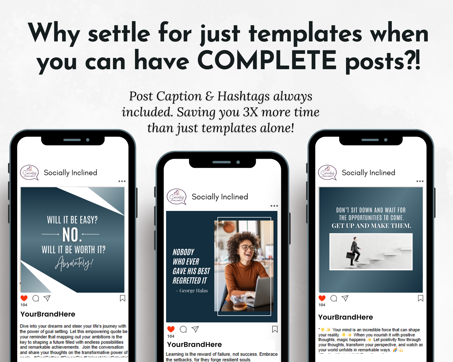 A set of Success & Motivation Social Media Post Bundle with Canva Templates mobile phones by Socially Inclined, preloaded with content templates for business social media posts.