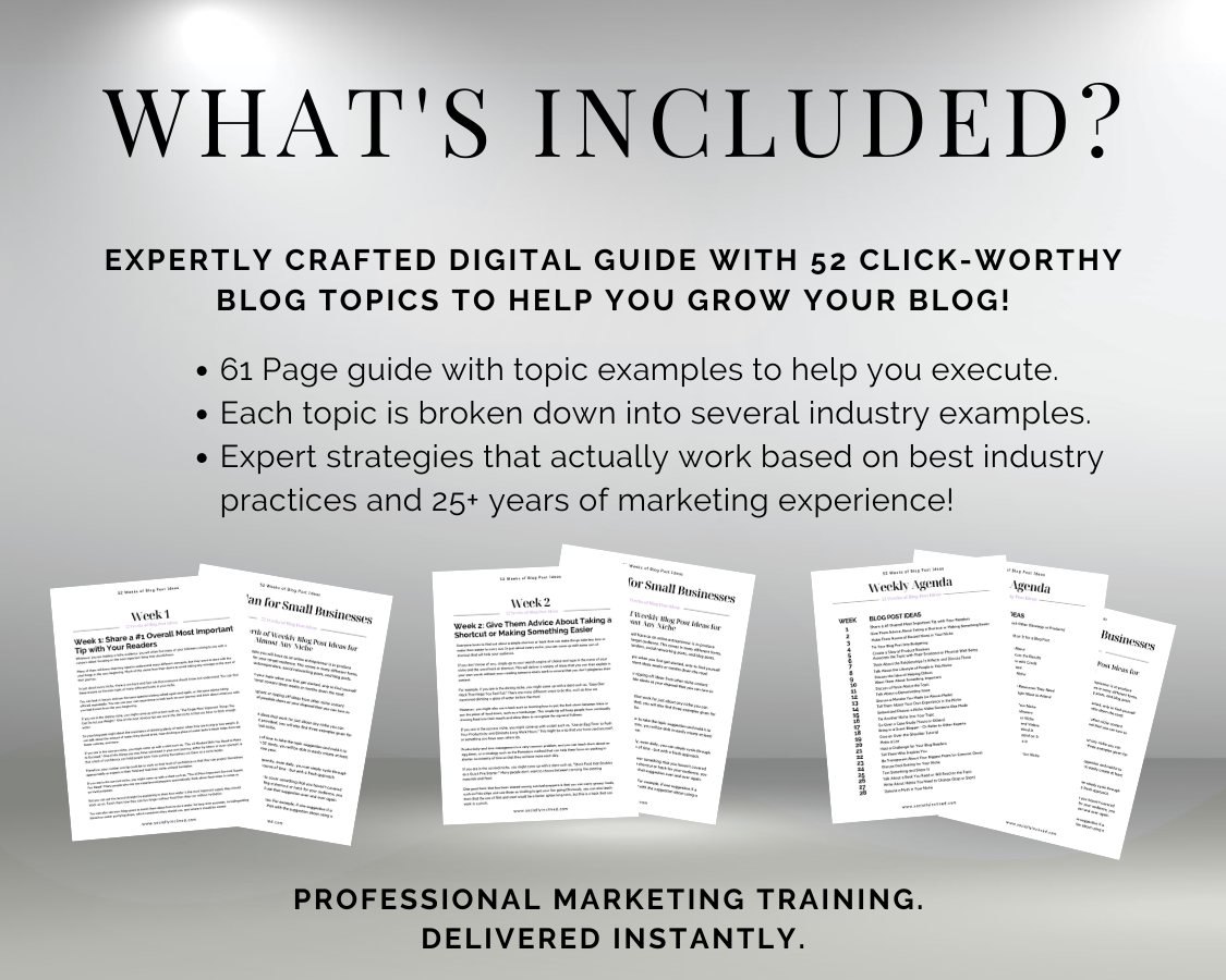What's included in the Get Socially Inclined guide, A Year of Blog Topics for Small Business Owners: 52 Topics to Fuel Your Blog's Success? Explore expert tips on content creation and discover a wide range of blog topics.