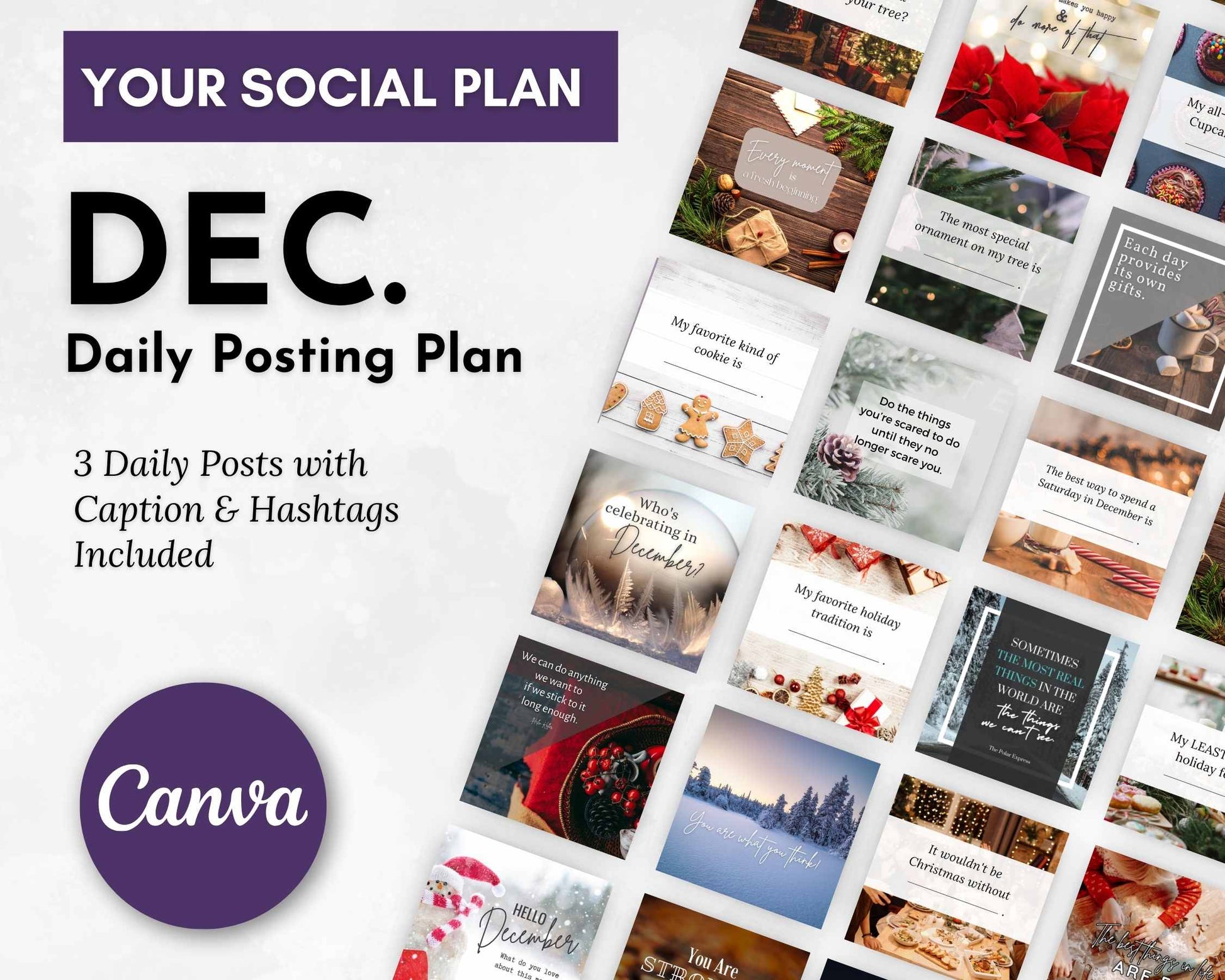 Effortlessly achieve growth with Get Socially Inclined's December Daily Posting Plan - Your Social Plan, featuring social media posts crafted using a variety of templates and captions. Enjoy holiday themes and decorations, all showcasing Canva branding.