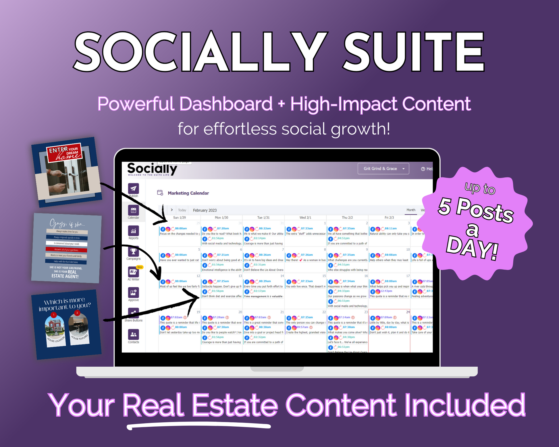 Get Socially Inclined's Socially Suite Membership - a powerful dashboard for real estate content management and enhancing online presence.