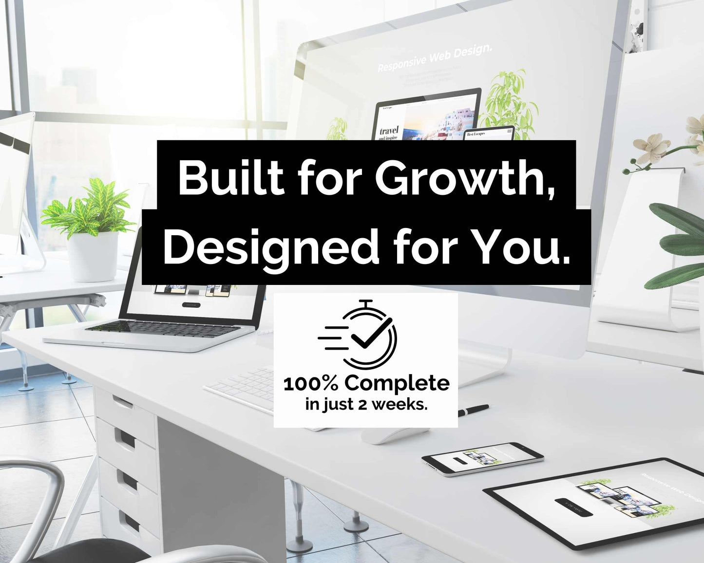 A contemporary office setting displays computers and a tablet featuring an intuitive web design. The text reads, "Standard Website Design Package by Socially Inclined: Built for Growth, Designed for You. 100% Complete in just 2 weeks." Highlighting enhanced user experience for optimal growth.