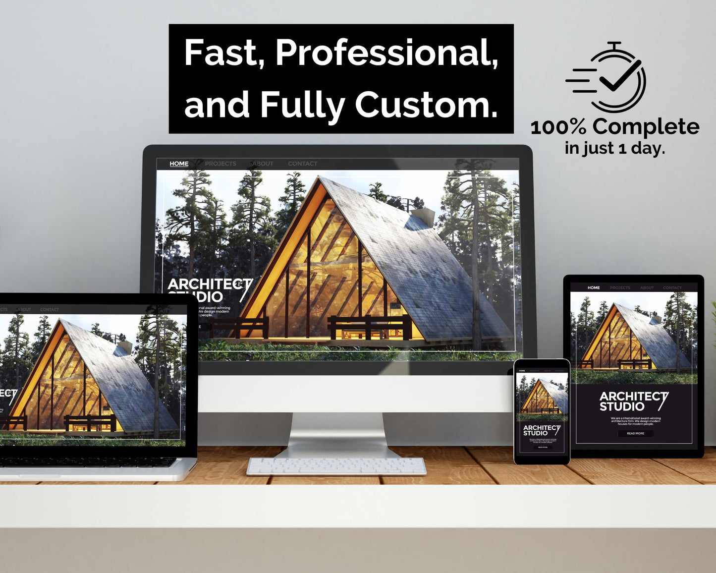 Displayed on a light wood desk, the "One-Day Website" from Socially Inclined features a modern architectural design that's SEO-optimized with social media integration. It is shown on various devices including a desktop computer, laptop, tablet, and smartphone, promoting fast and professional custom design services tailored for small business websites.