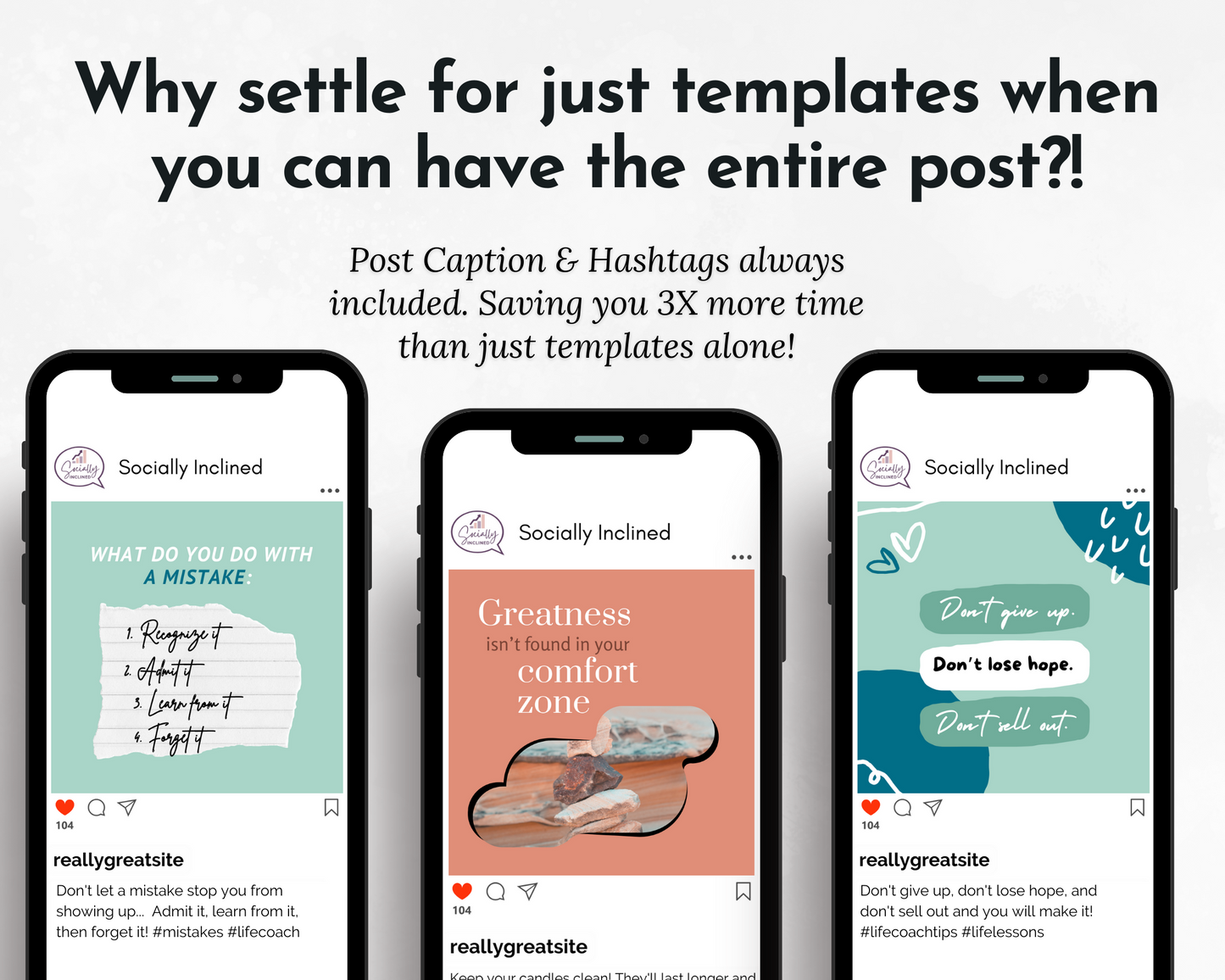 Four Life Coaching Social Media Post Bundles with Canva Templates from Socially Inclined, emphasizing social media following and content.