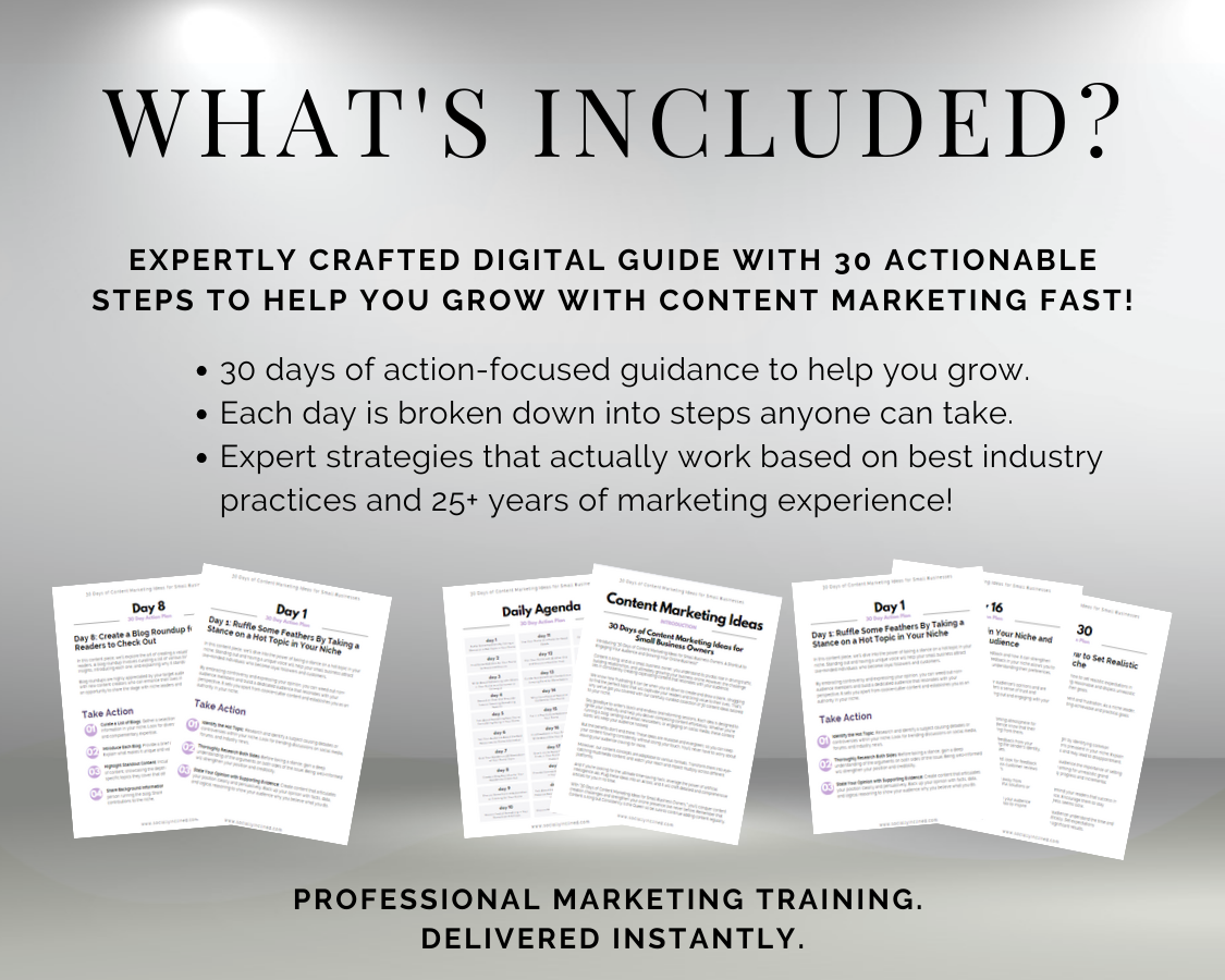 What's included in the Get Socially Inclined small business digital marketing guide with an action plan featuring 30 Days of Content Marketing Ideas for Small Business?