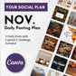 Promote your brand with the November Daily Posting Plan by Get Socially Inclined—3 ready-to-use social posts per day, complete with captions, hashtags, sample images, and Canva branding for effortless content creation.