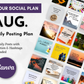 A promotional graphic for Get Socially Inclined’s AUGUST Daily Posting Plan - Your Social Plan, featuring sample post designs, captions, and hashtags to boost engagement. Canva logo included.