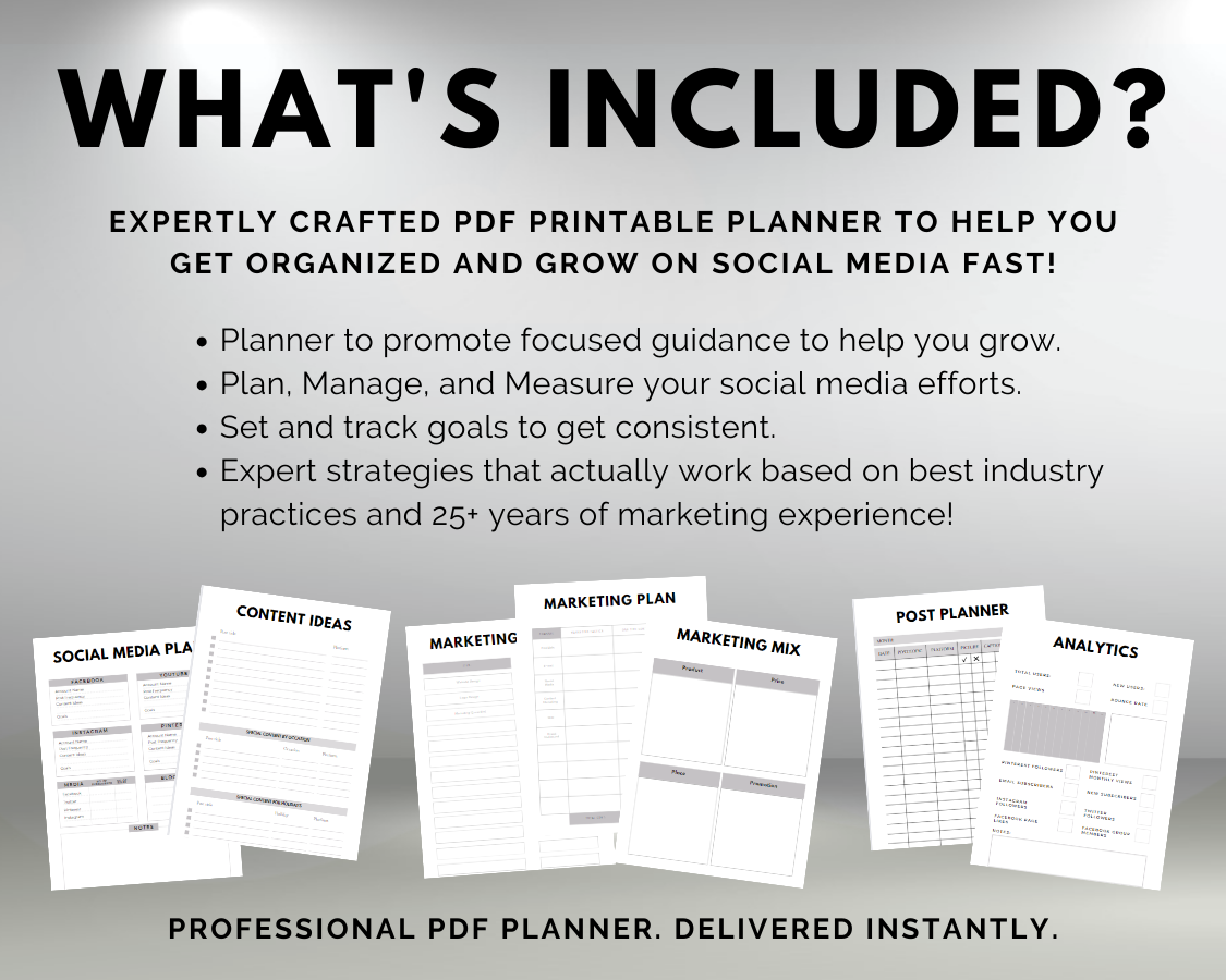Discover what's included in the Marketing Plan Planner by Get Socially Inclined for solopreneurs and small business owners.