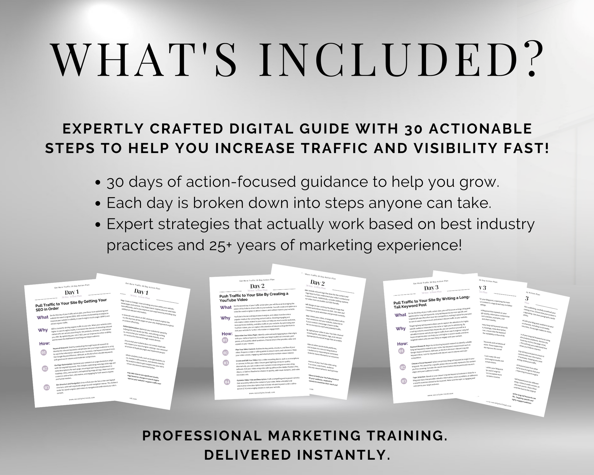 A flyer promoting small business growth, featuring the question "What's included?" showcasing Get More Traffic 30-Day Action Plan by Get Socially Inclined.