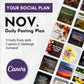 Your Social Plan: The November Daily Posting Plan by Get Socially Inclined. This Canva template includes three social media posts for November, complete with engaging captions and relevant hashtags. On the right, you will find multiple sample posts featuring a variety of quotes and images designed to boost engagement and growth.