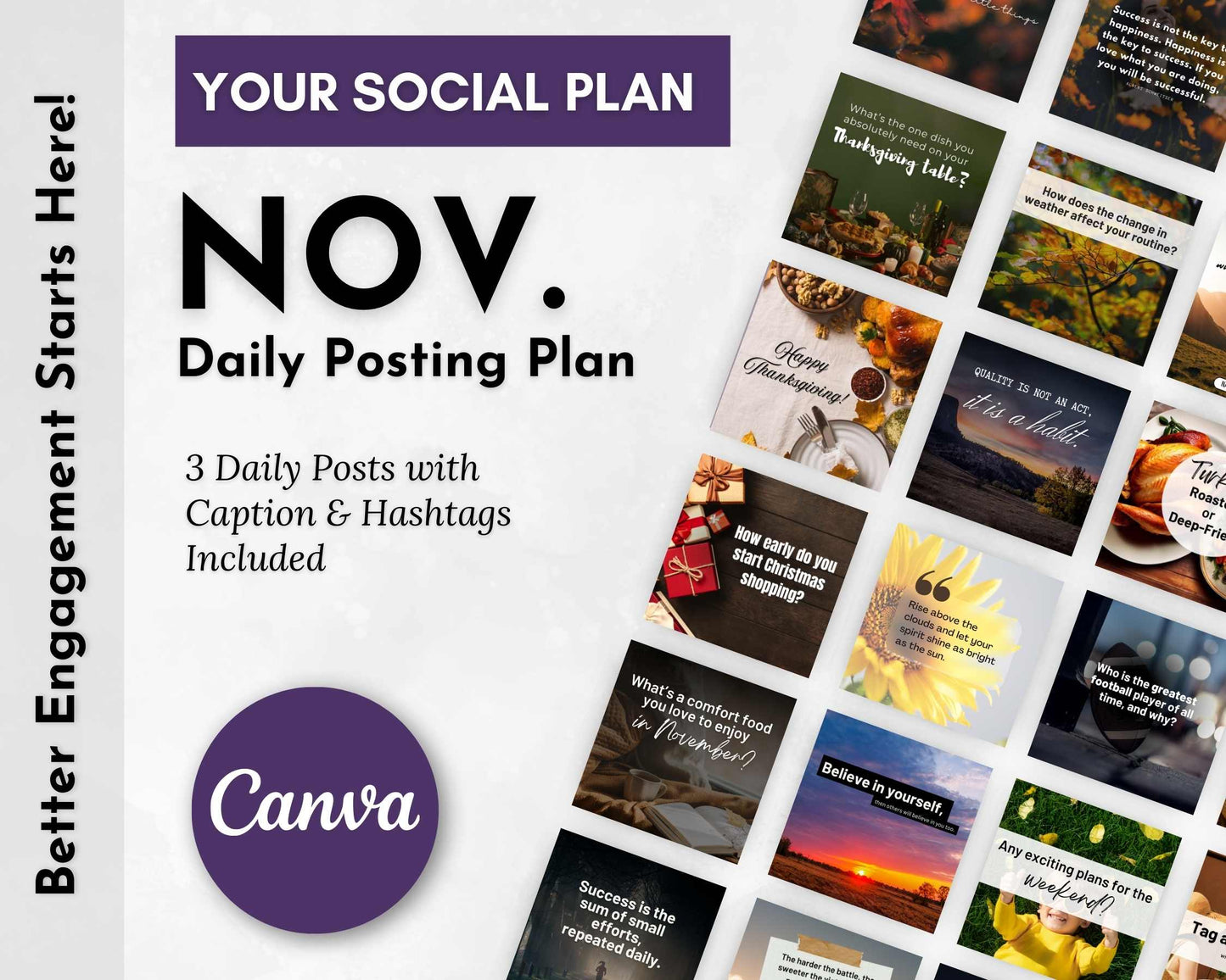 Your Social Plan: The November Daily Posting Plan by Get Socially Inclined. This Canva template includes three social media posts for November, complete with engaging captions and relevant hashtags. On the right, you will find multiple sample posts featuring a variety of quotes and images designed to boost engagement and growth.