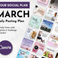 Promotional image for Get Socially Inclined's March Daily Posting Plan, featuring vibrant social media post previews. Text: "3 Daily Posts with Captions & Hashtags Included" to boost engagement.