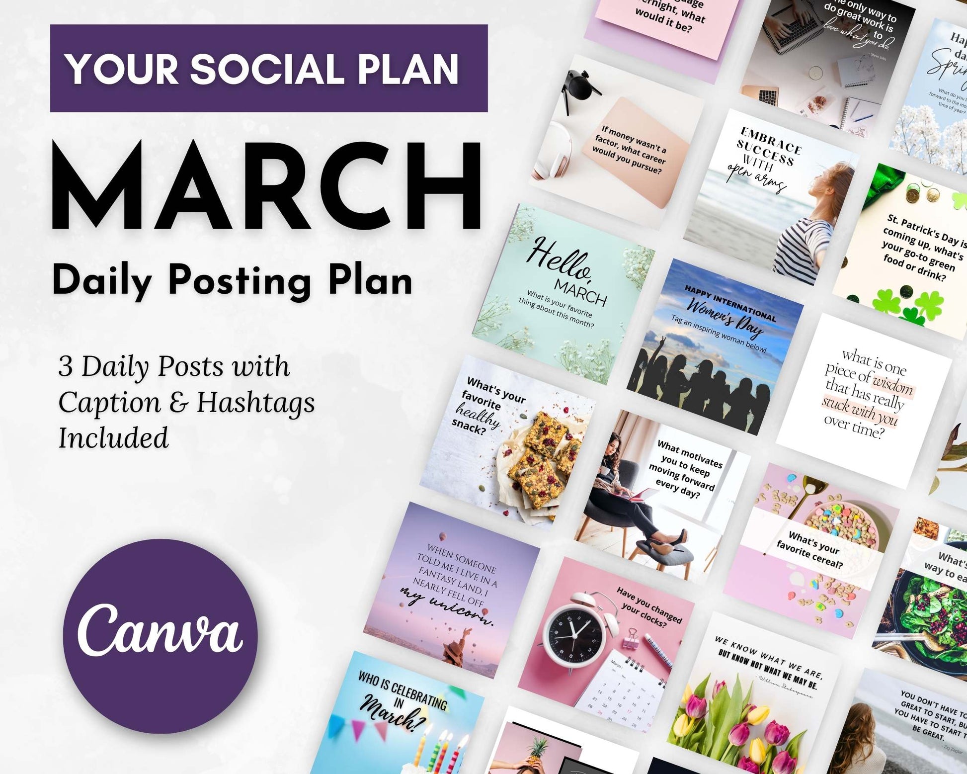 Promotional image for Get Socially Inclined's March Daily Posting Plan, featuring vibrant social media post previews. Text: "3 Daily Posts with Captions & Hashtags Included" to boost engagement.