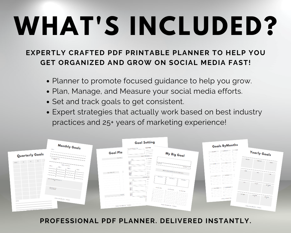 A high achievers' printable Get Socially Inclined Goal Planner for small business owners, featuring a comprehensive list of what's included.