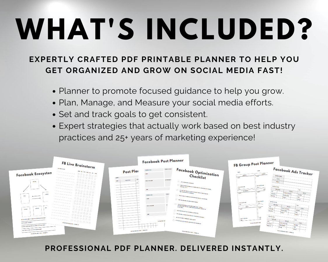 A Get Socially Inclined printable planner specifically designed for entrepreneurs and small businesses, the Facebook Growth Planner, with the text, what's included?