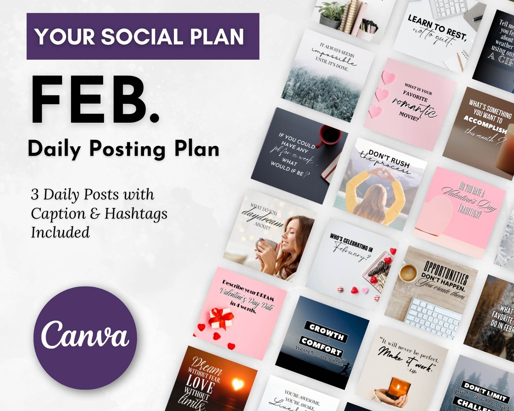 A promotional graphic for Get Socially Inclined’s February Daily Posting Plan - Your Social Plan, featuring sample post designs, the Canva logo, and text about 3 daily posts with captions and hashtags included.
