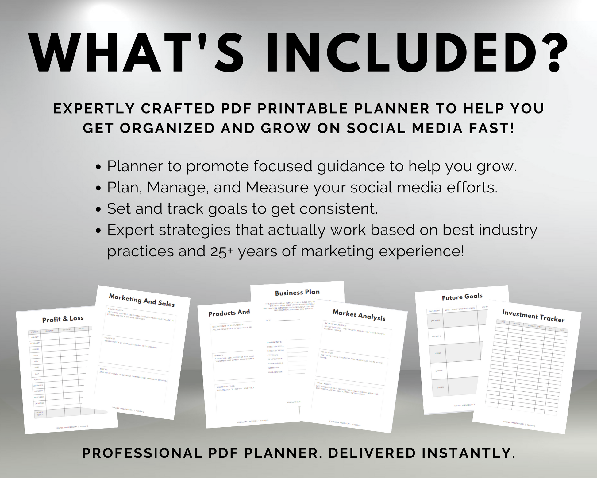 A Business Plan Planner from Get Socially Inclined with the text what's included?.