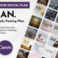 Grid of January social media posts from the "January Daily Posting Plan - Your Social Plan" by Get Socially Inclined, featuring engaging images and quotes. Text includes "3 Daily Posts with Caption & Hashtags Included" for a seamless social media strategy, accompanied by the Canva logo in the corner.