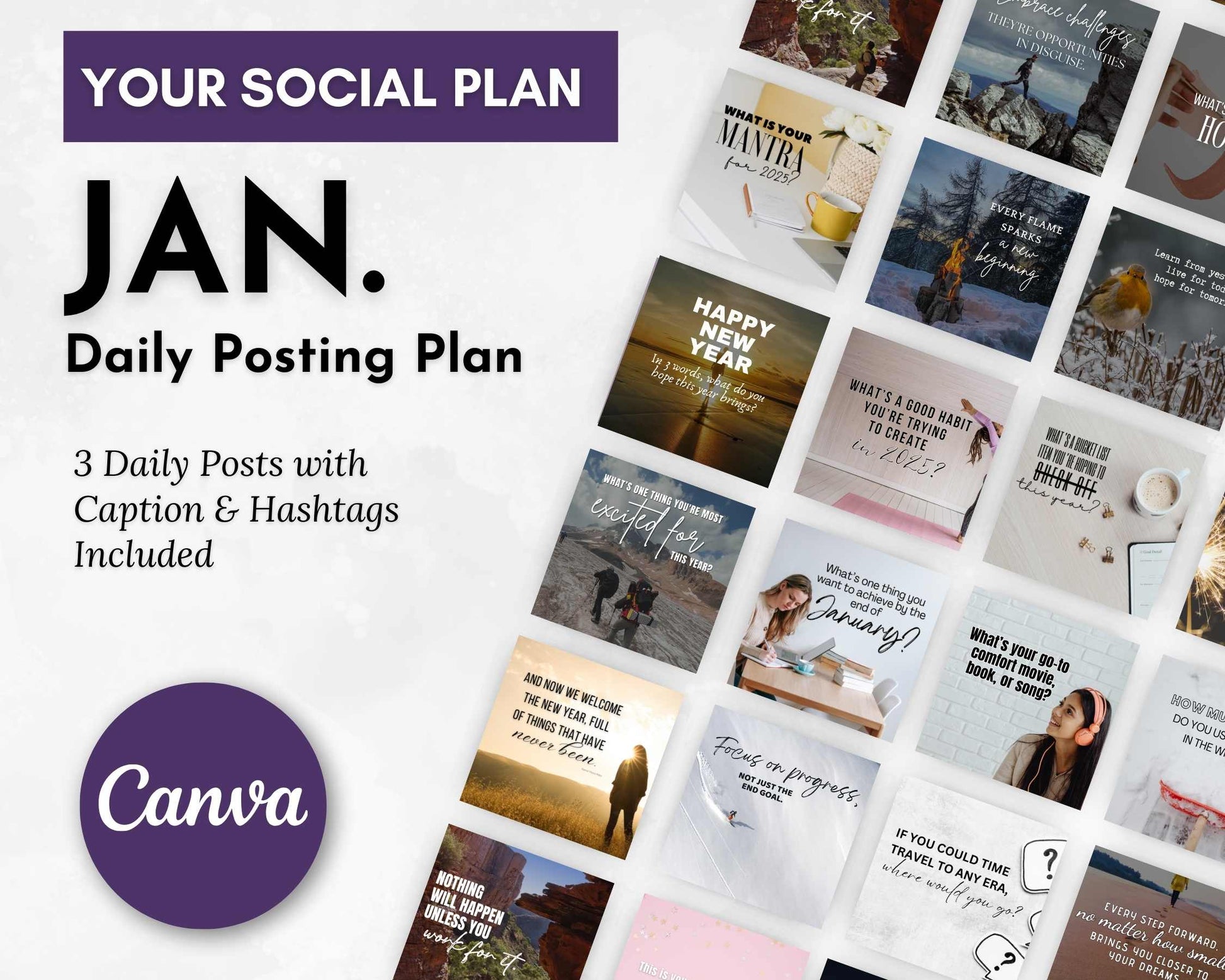 Grid of January social media posts from the "January Daily Posting Plan - Your Social Plan" by Get Socially Inclined, featuring engaging images and quotes. Text includes "3 Daily Posts with Caption & Hashtags Included" for a seamless social media strategy, accompanied by the Canva logo in the corner.