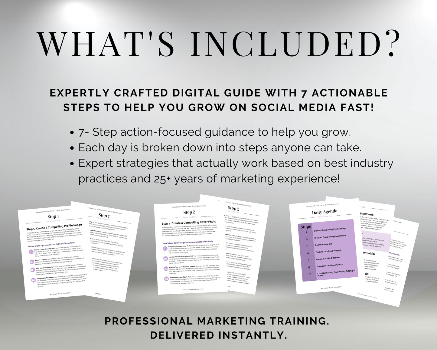 Find out what's included in the digital marketing guide, including the Facebook Profile Fix 7-Day Action Plan by Get Socially Inclined to optimize your Facebook profile.