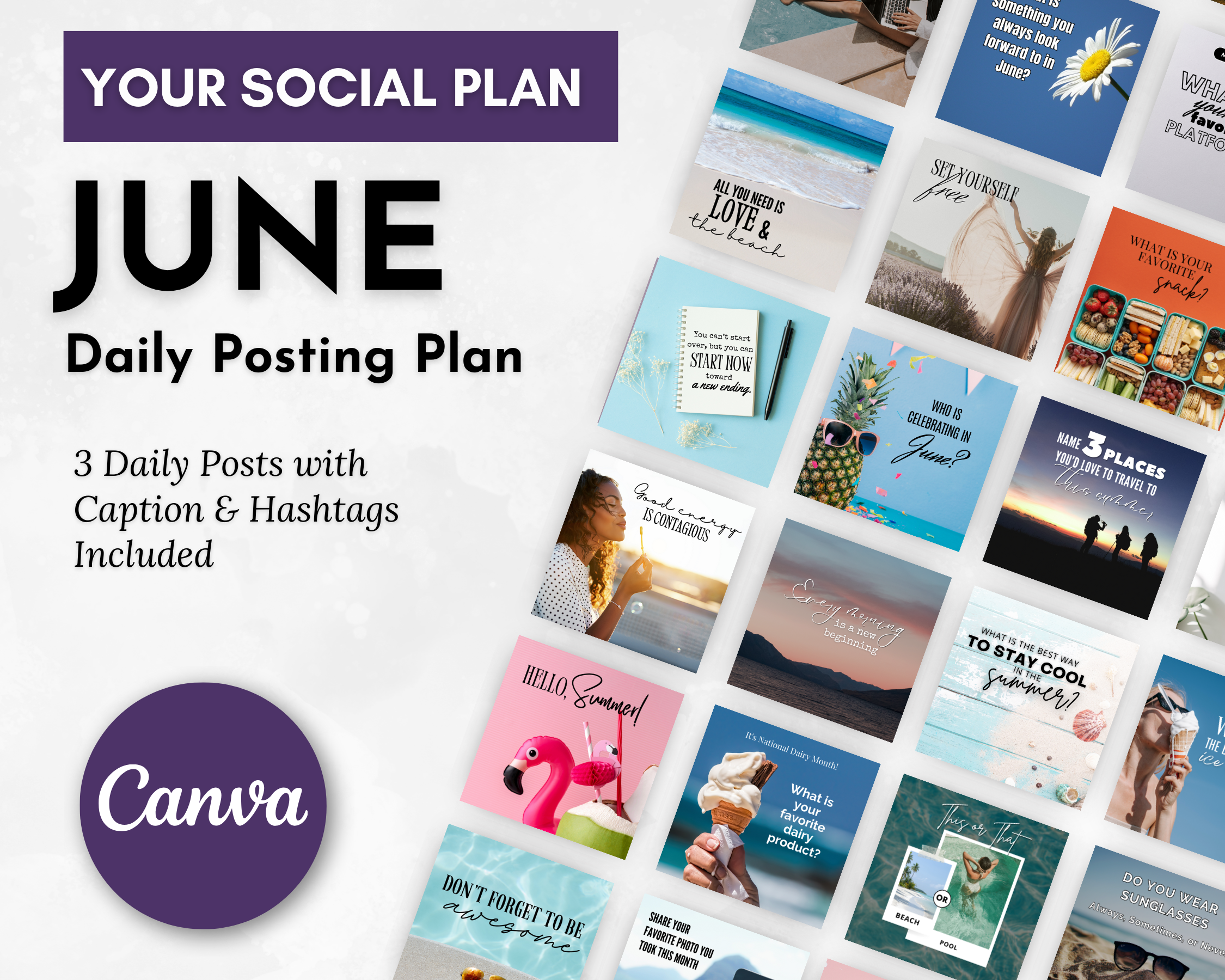Graphic layout for a June Daily Posting Plan focused on audience engagement, featuring a variety of themed image previews and text, with the Get Socially Inclined logo.