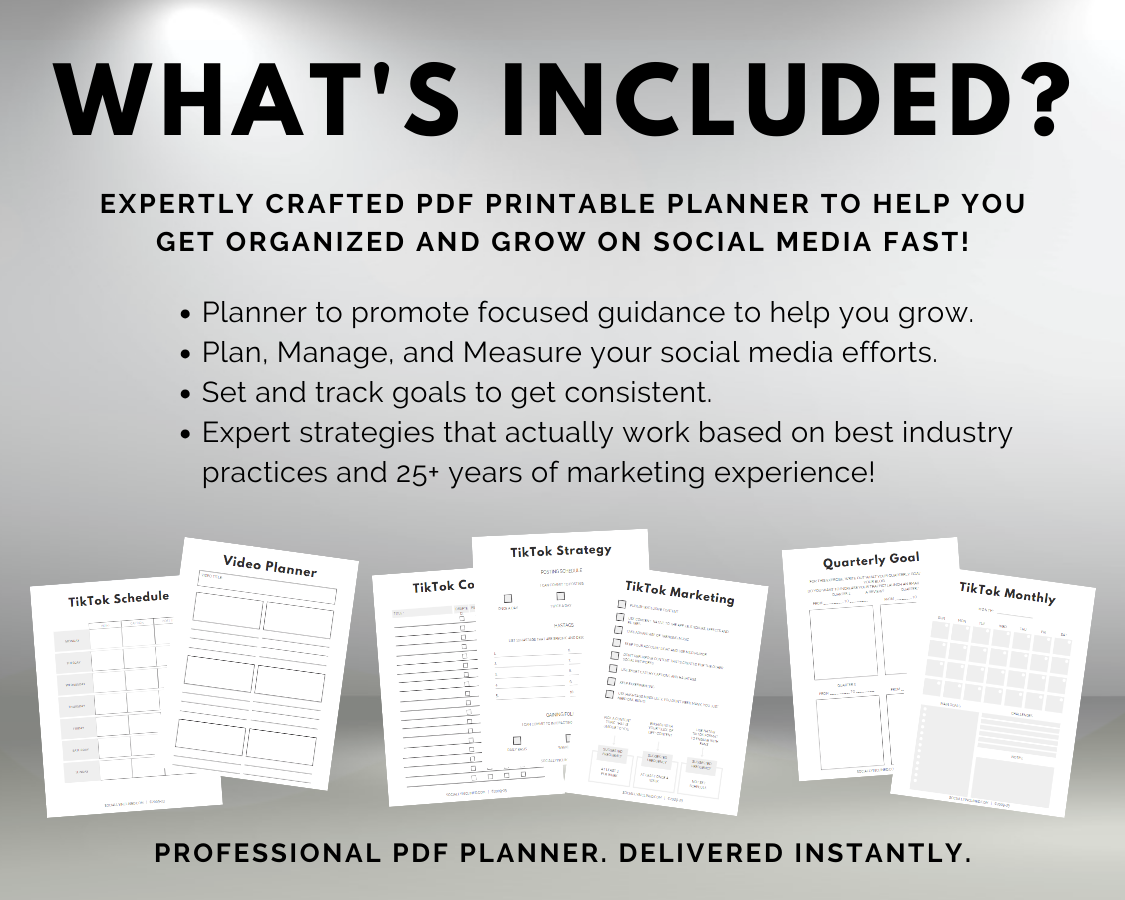 Promotional image showcasing the TikTok Growth Planner by Get Socially Inclined, a PDF printable planner packed with tools for social media growth. Includes scheduling, TikTok strategy, content ideas for TikTok creation, and goal tracking—making it the perfect companion as your go-to planner.