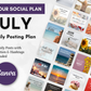A promotional graphic for Get Socially Inclined’s July Daily Posting Plan - Your Social Plan, featuring sample posts, the Canva logo, and text highlighting three daily posts with captions and hashtags to increase engagement.