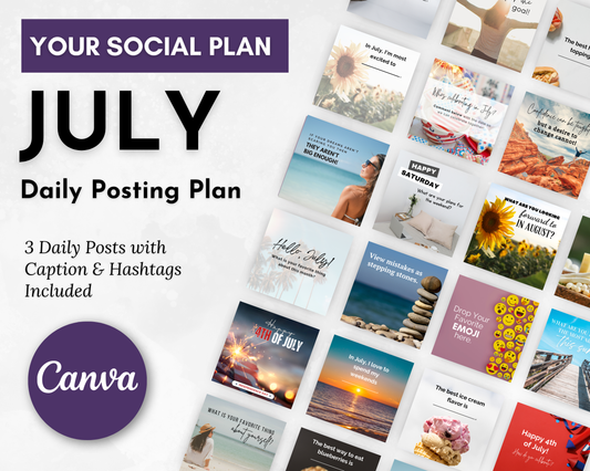 A promotional graphic for Get Socially Inclined’s July Daily Posting Plan - Your Social Plan, featuring sample posts, the Canva logo, and text highlighting three daily posts with captions and hashtags to increase engagement.