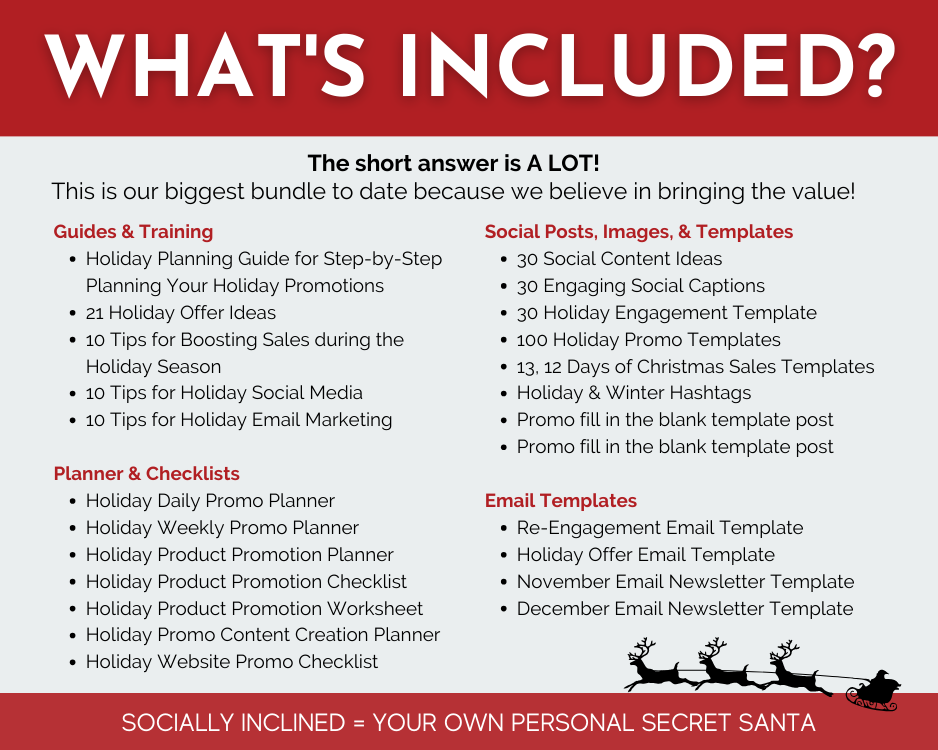 What's included in the HUGE Holiday Hustle Marketing Toolkit with engagement strategies and monthly newsletter by Get Socially Inclined?