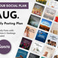 Grid of Instagram post templates for August, highlighting various daily themes with quotes, photos, and graphics. Text on top-left reads "Your Social Plan" and "AUGUST Daily Posting Plan - Your Social Plan," perfect for boosting your social media presence. Get Socially Inclined logo is at the bottom-left.