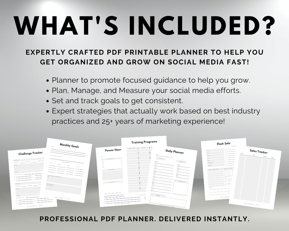 Image featuring the promotion of the Direct Sales MLM Planner by Get Socially Inclined. Perfect for MLM business enthusiasts, this planner encompasses tools for social media growth, goal setting, task planning, strategy implementation, and industry best practices. Example pages are displayed.