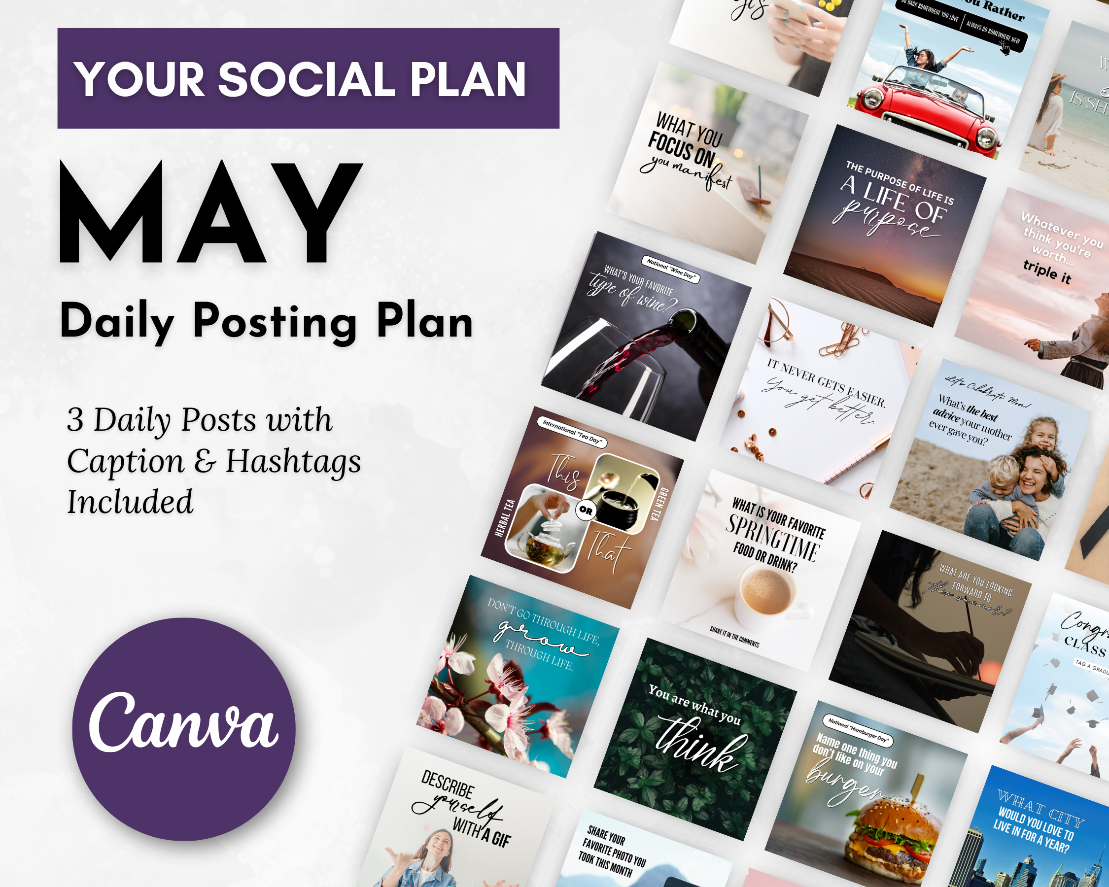 A graphic promoting the May Daily Posting Plan - Your Social Plan for April with daily posting plans, including images and captions, displayed in a collage style, made with Get Socially Inclined.