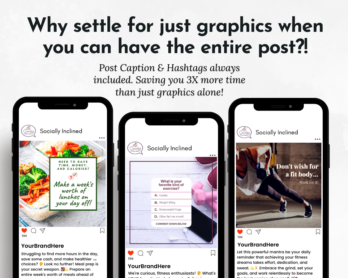 A set of Fitness & Wellness Influencers Social Media Post Bundle - NO Canva Templates by Socially Inclined, perfect for fitness enthusiasts who want to create captivating social media images and engaging content without having to settle for just graphics.