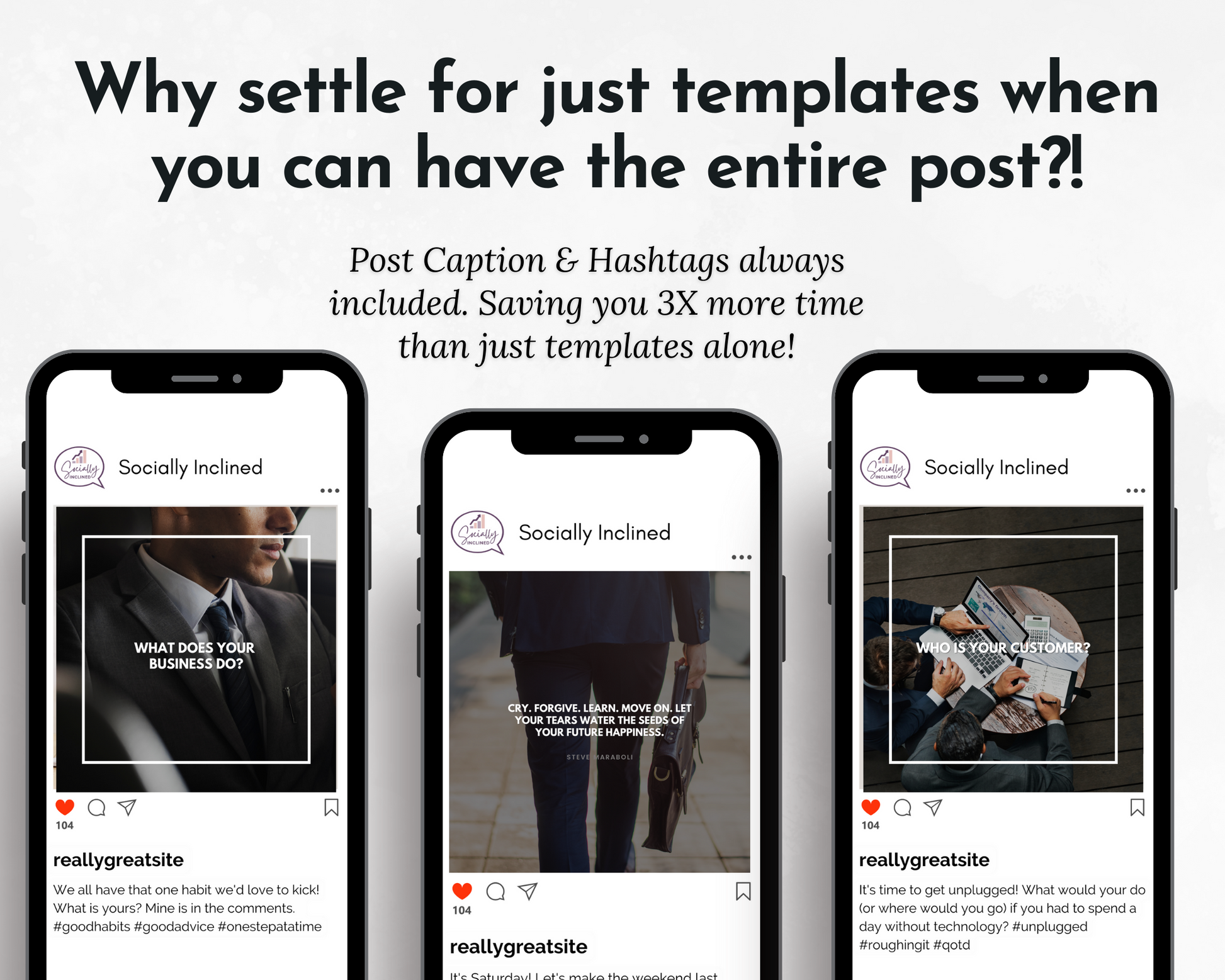Why have just templates when you can have the entire post with ready to post text for Social Media images using the Business Success Social Media Post Bundle with Canva Templates by Socially Inclined.