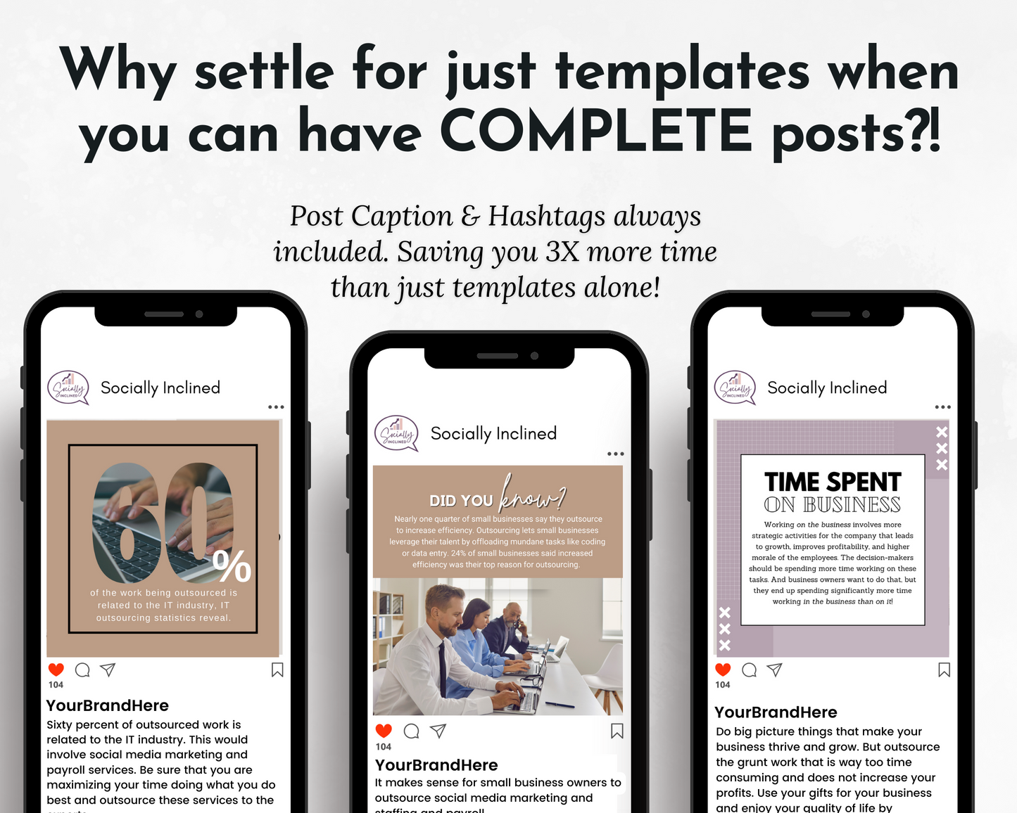 Four smartphones with the text why setter just templates when you have complete post. Using Socially Inclined virtual assistants and Canva templates to streamline your social media.