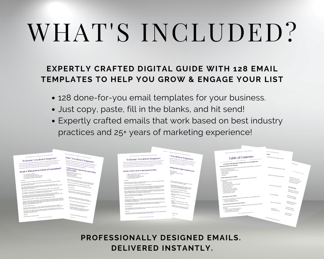 What's included? Get access to a wide range of 128 Email Marketing Templates for Small Business Owners designed specifically for small business owners. Our comprehensive email marketing solution, Get Socially Inclined, will help you reach your target audience effectively and drive results.