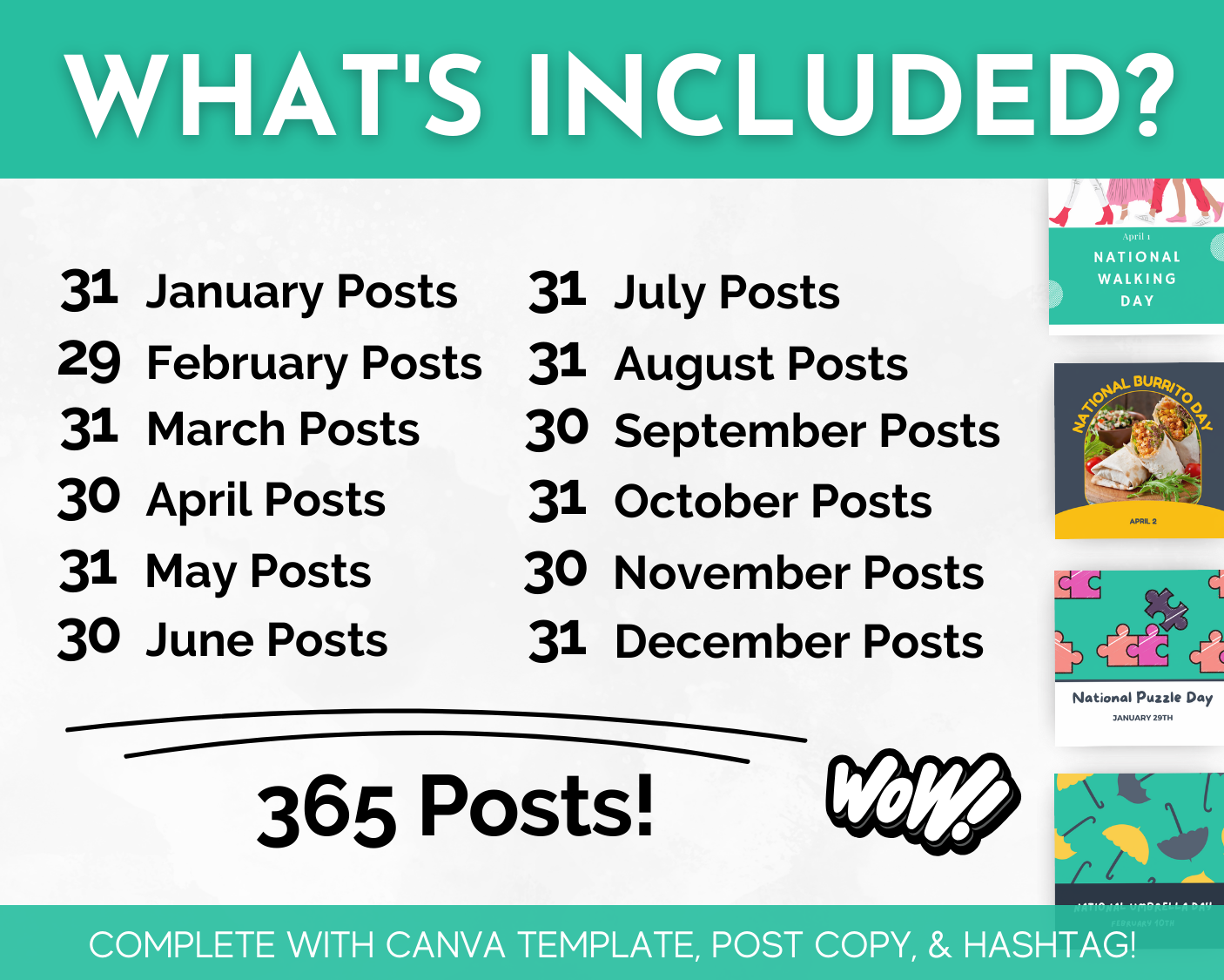 What's included in a National Days Social Media Post Bundle with Canva Templates for maximum engagement and content effectiveness from Socially Inclined.