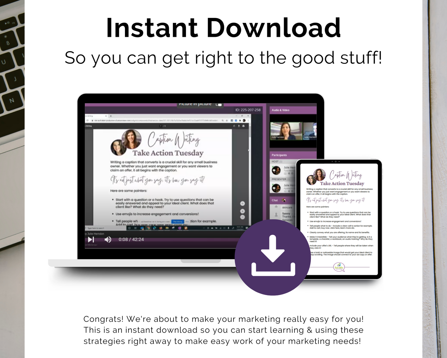 Instant download so you can get right to the good stuff. The TAT - Social Post Caption Writing Masterclass description is missing. Get Socially Inclined