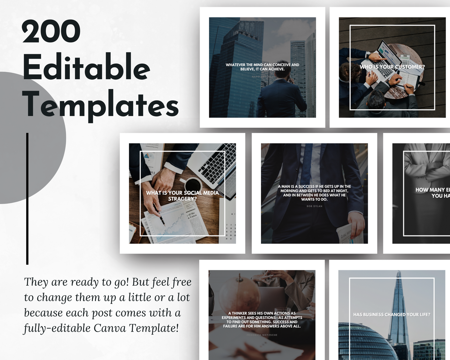 200 Business Success Social Media Post Bundle with Canva Templates by Socially Inclined, with ready to post text and hashtags.