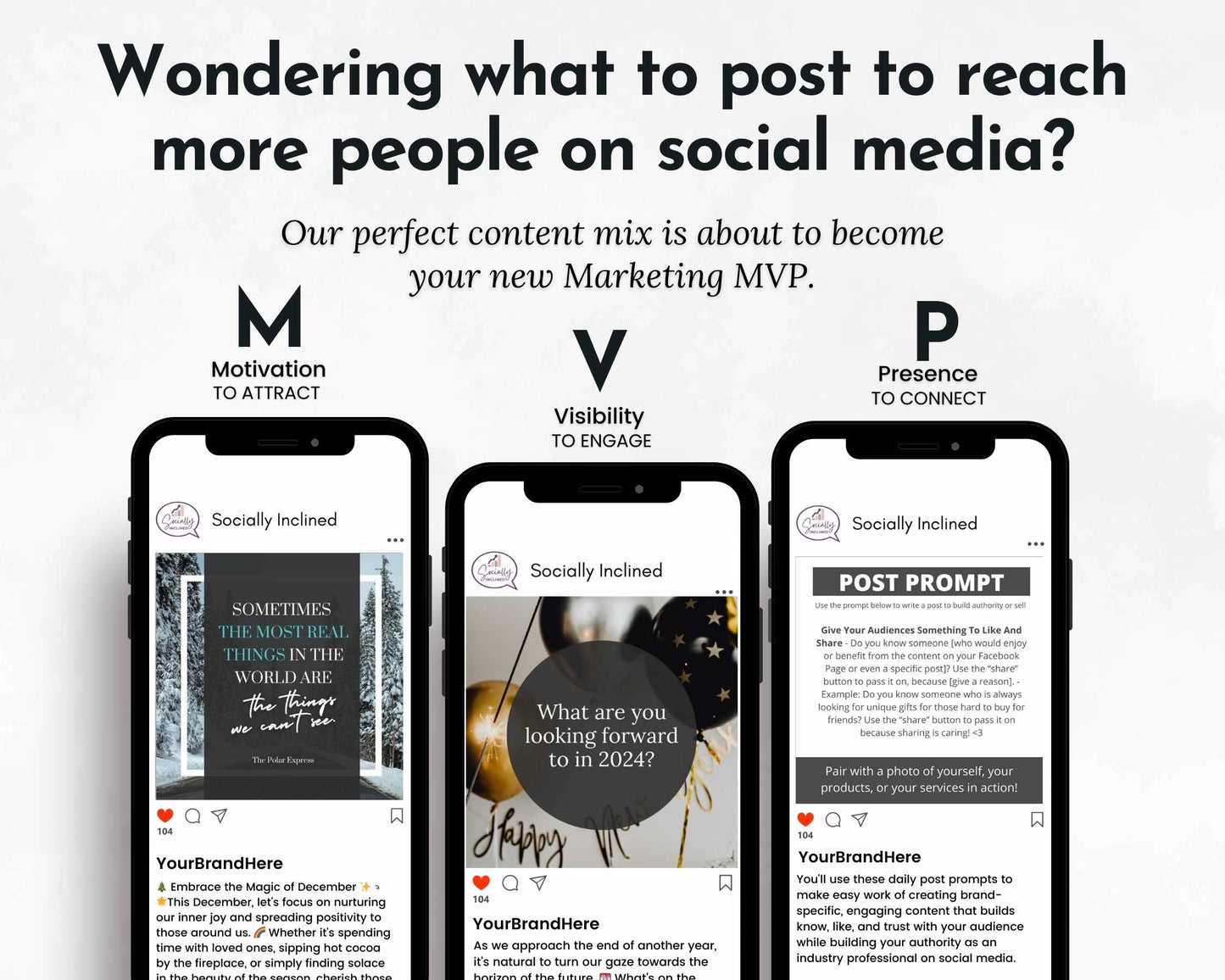 Three smartphone screens display social media posts featuring tips on motivation, visibility, and presence for impactful strategies. Unlock effortless growth with the December Daily Posting Plan - Your Social Plan from Get Socially Inclined to enhance your online influence seamlessly.