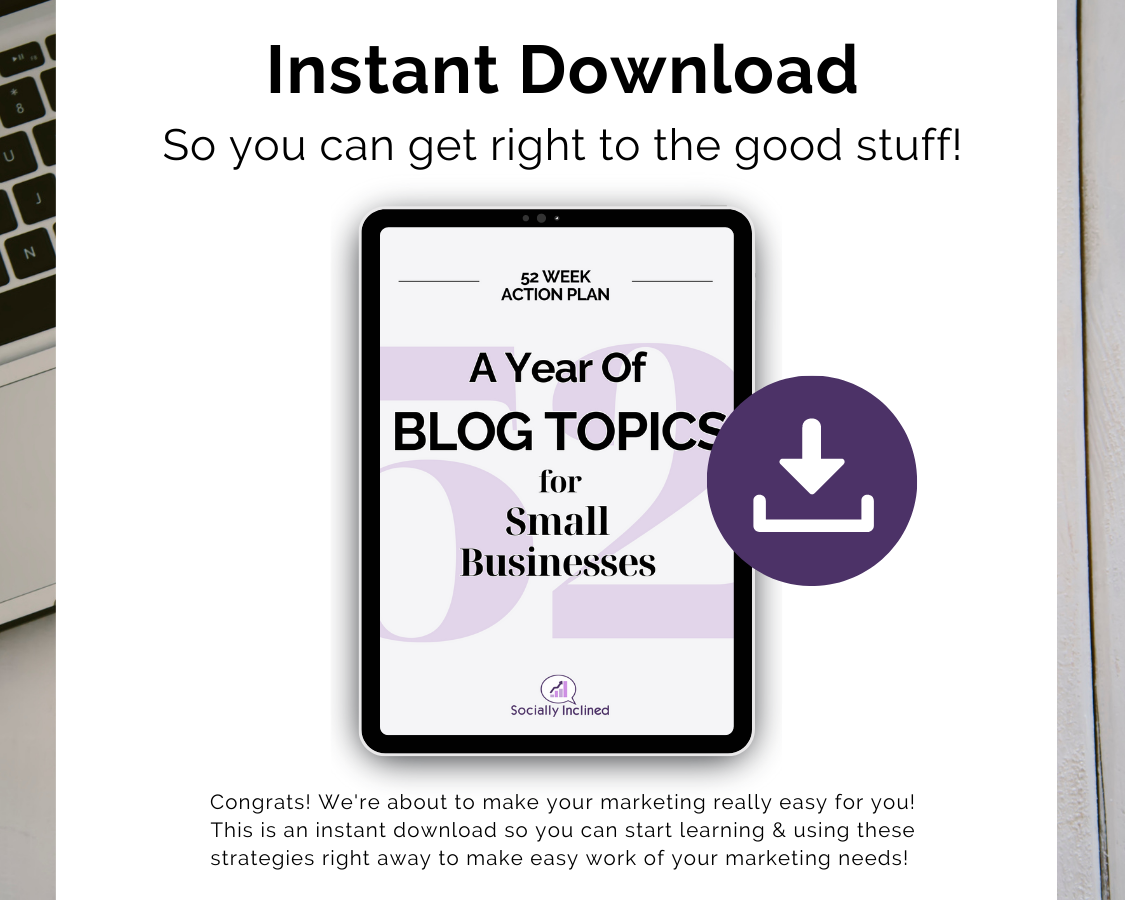 A Get Socially Inclined laptop designed for small business owners looking to enhance their content creation with A Year of Blog Topics for Small Business Owners: 52 Topics to Fuel Your Blog's Success.