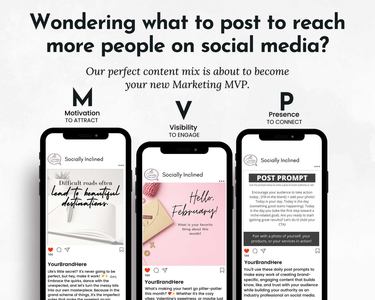 Three smartphones showcase posts with strategies for growth, motivation, and visibility from Get Socially Inclined's February Daily Posting Plan - Your Social Plan, perfect for crafting an impactful and efficient social media presence.