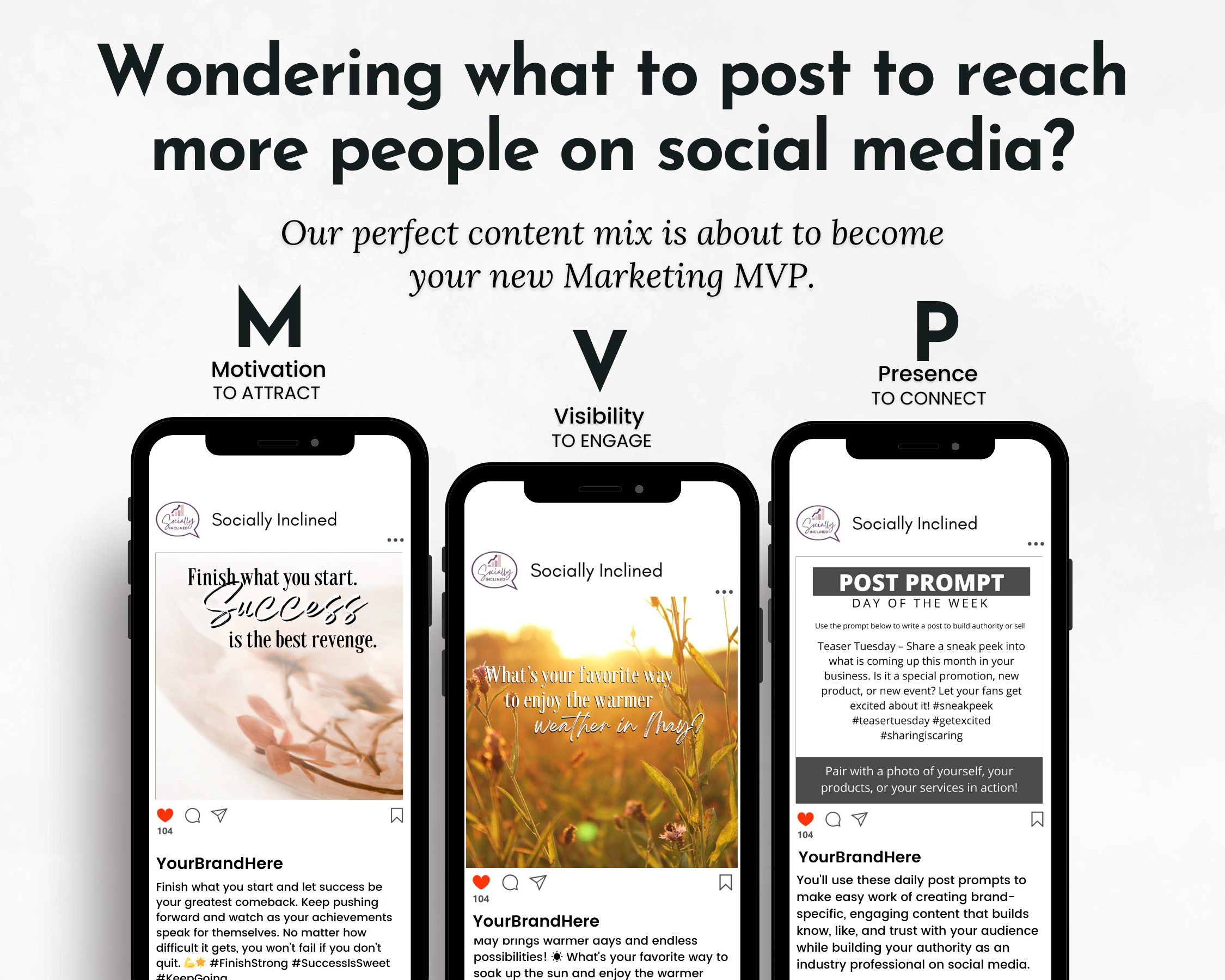 Three May Daily Posting Plans from Get Socially Inclined displaying social media marketing strategies with focus on attraction, visibility, and presence to boost engagement through daily posting plans.