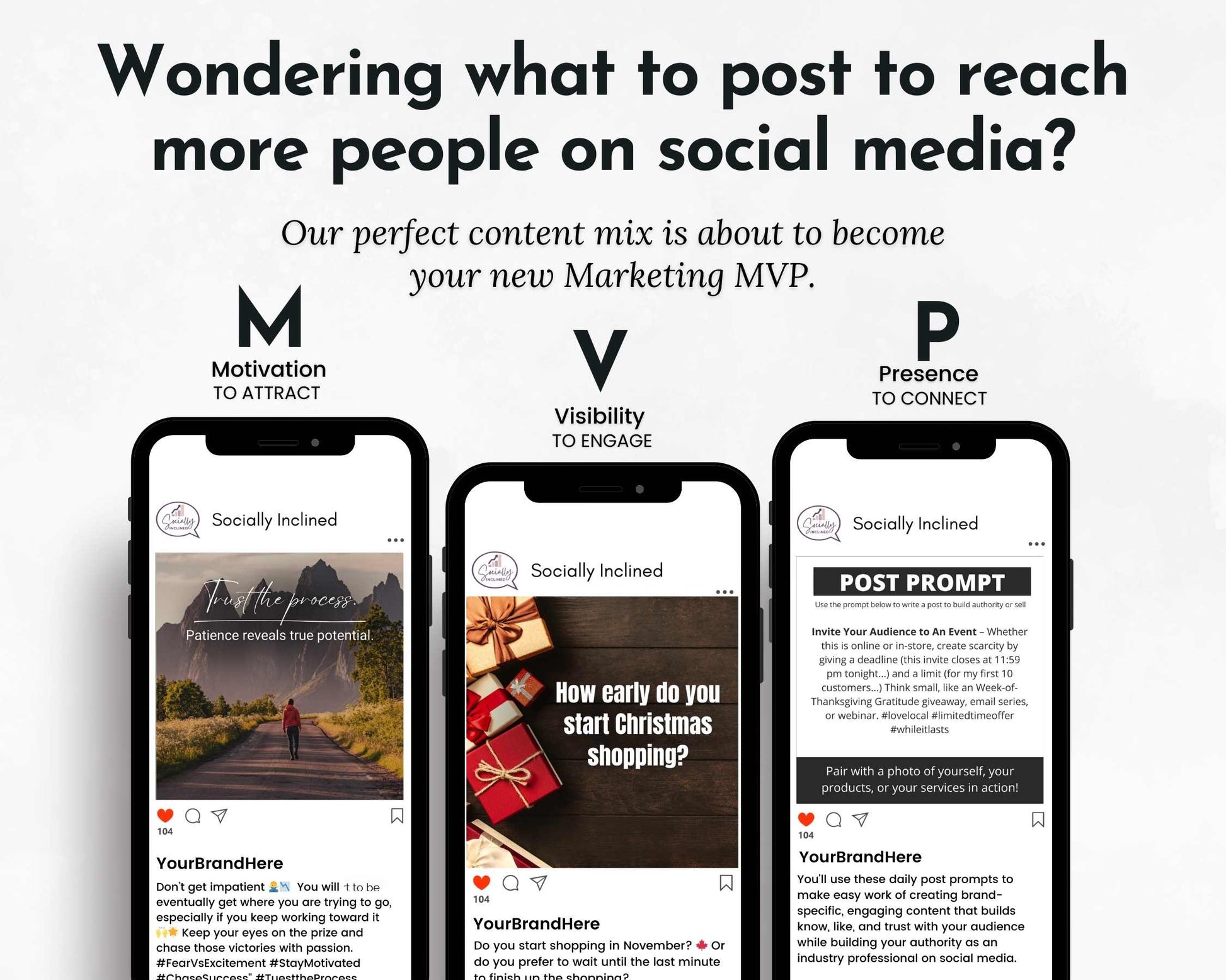 Three smartphones display social media posts with headings "Motivation," "Visibility," and "Presence" beneath a text about enhancing engagement and growth. Get ready for your November social media posts with tips from the November Daily Posting Plan by Get Socially Inclined.