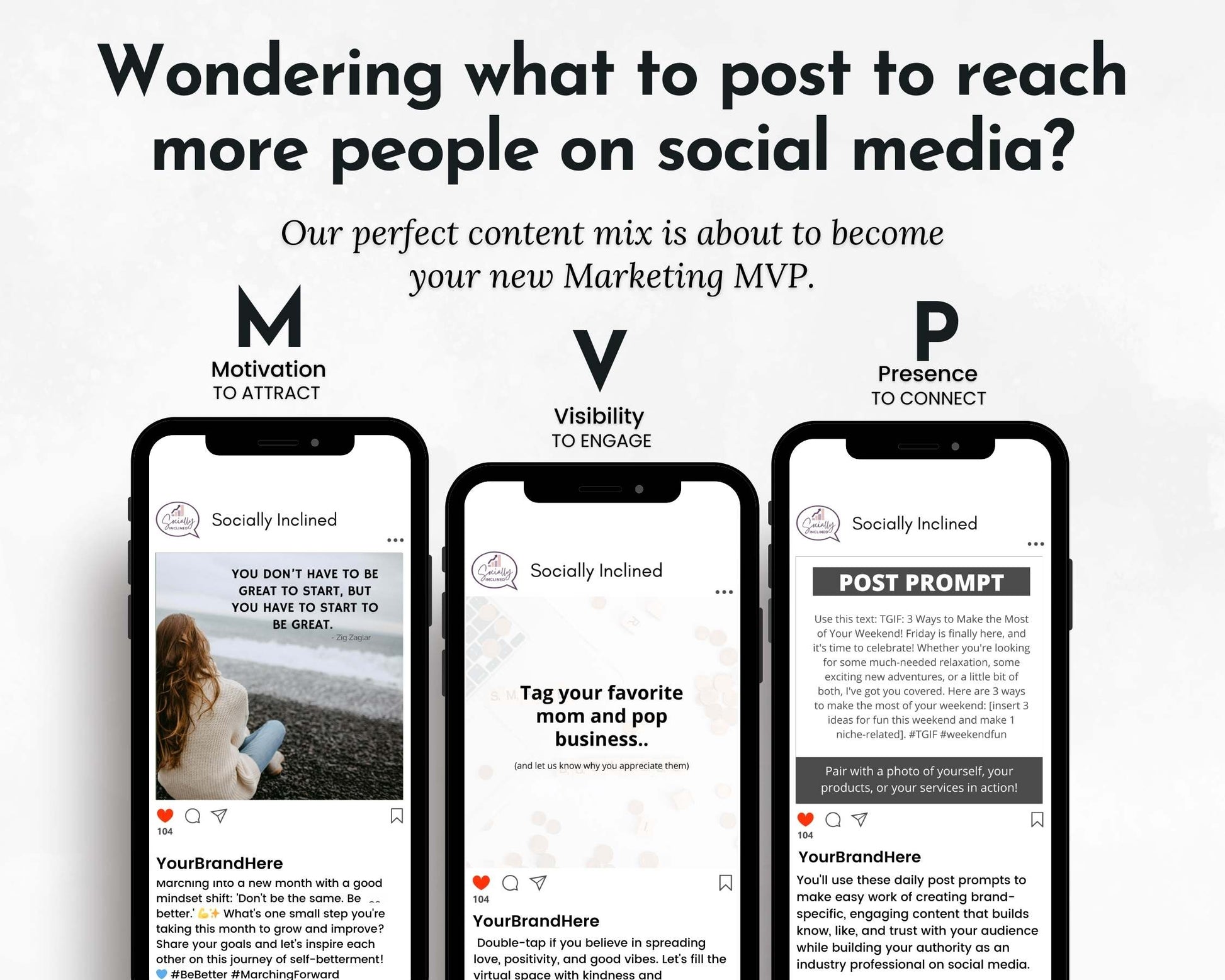 Three smartphones show social media content strategies named Motivation, Visibility, and Presence designed to boost engagement, all aligned with the March Daily Posting Plan by Get Socially Inclined for improved audience interaction.