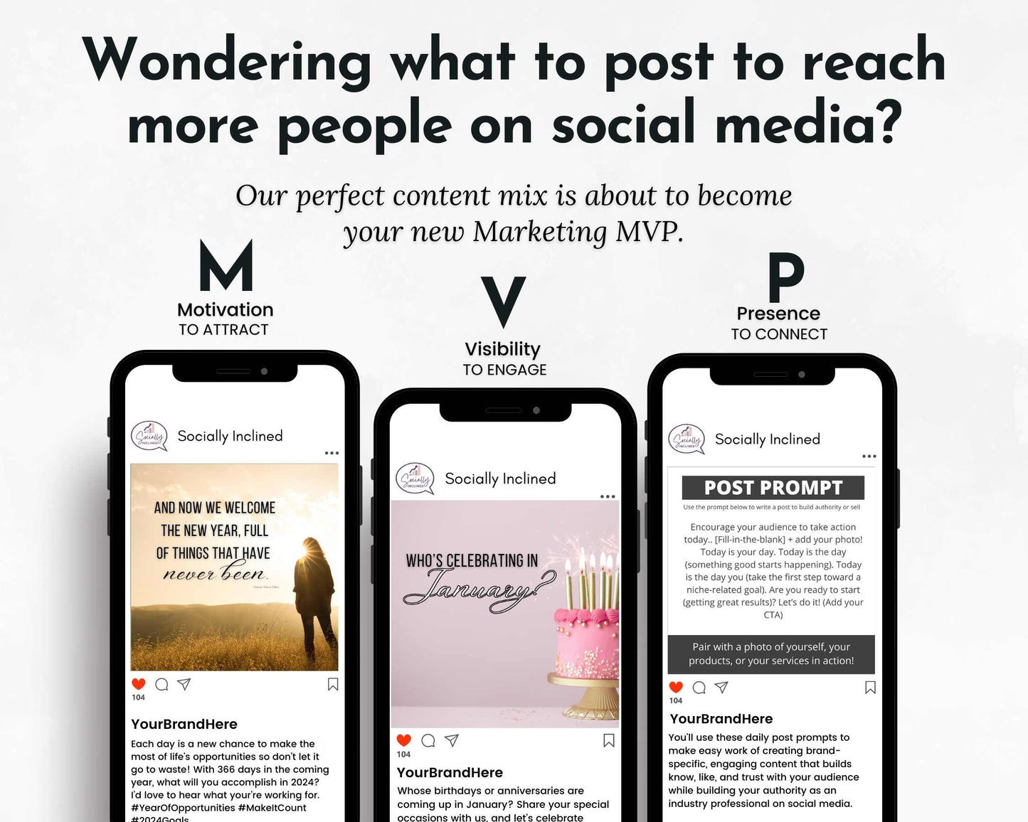 Three smartphones display Instagram posts emphasizing social media strategies: motivation, visibility, and presence. Featuring a motivational quote, a cake image, and a scheduled post from the January Daily Posting Plan by Get Socially Inclined, these examples highlight effortless engagement in January social media content.