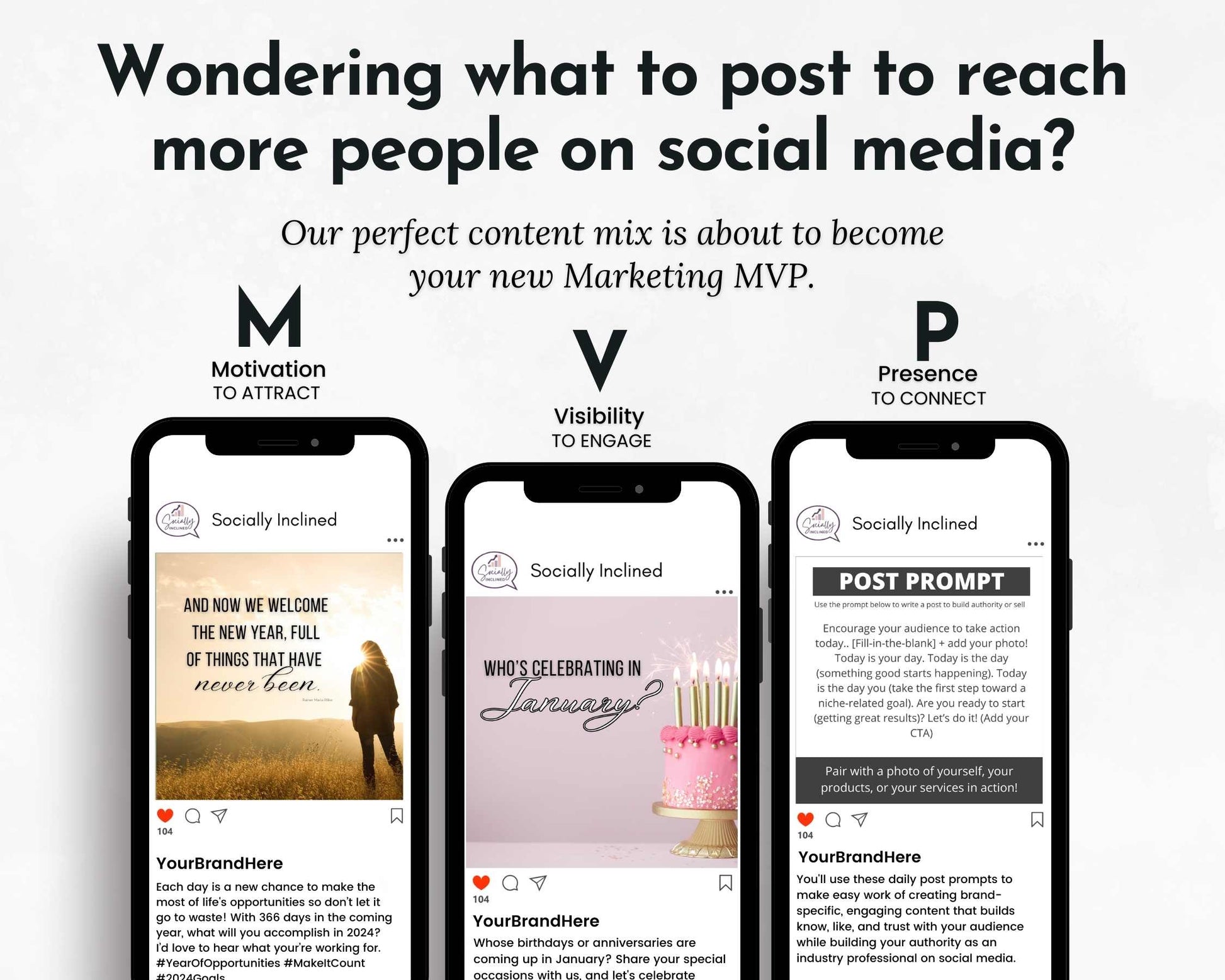 Three smartphones display Instagram posts emphasizing social media strategies: motivation, visibility, and presence. Featuring a motivational quote, a cake image, and a scheduled post from the January Daily Posting Plan by Get Socially Inclined, these examples highlight effortless engagement in January social media content.