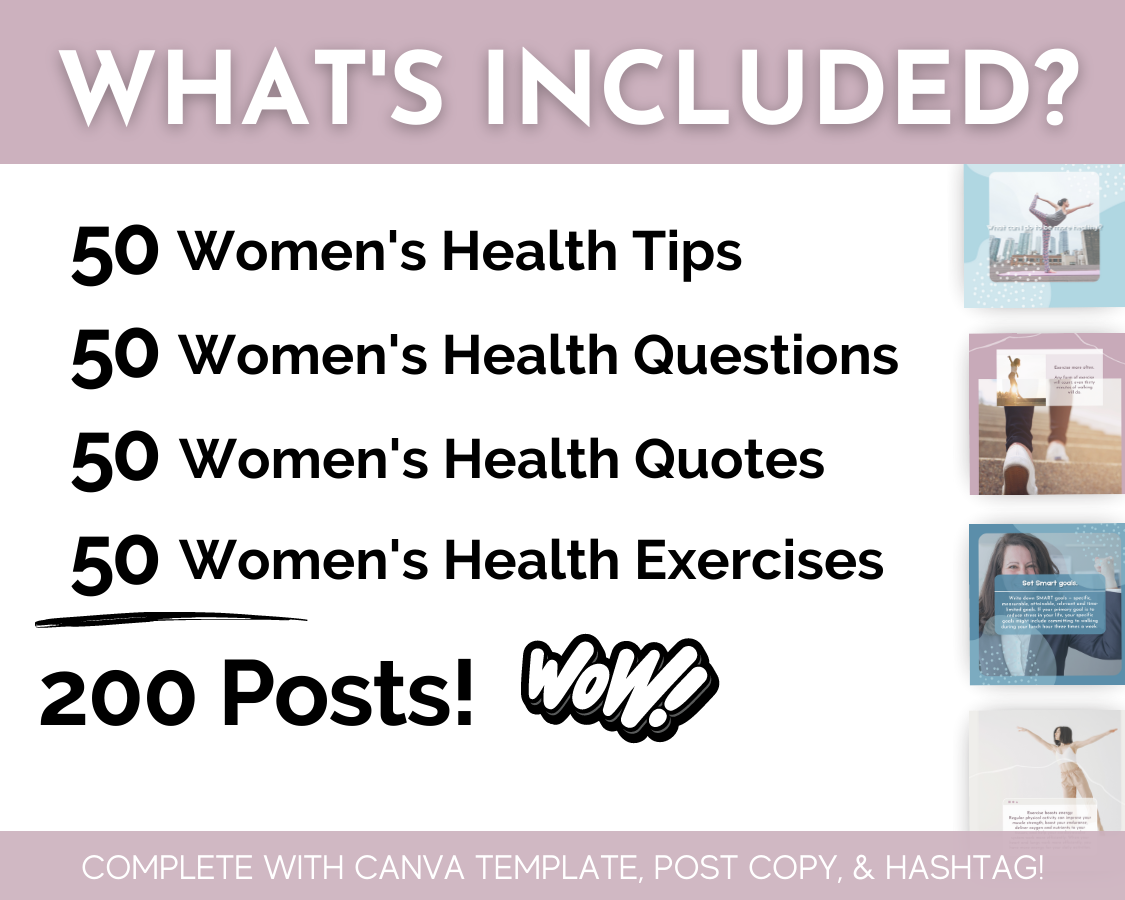 What's included in the Women's Health Social Media Post Bundle with Canva Templates by Socially Inclined?